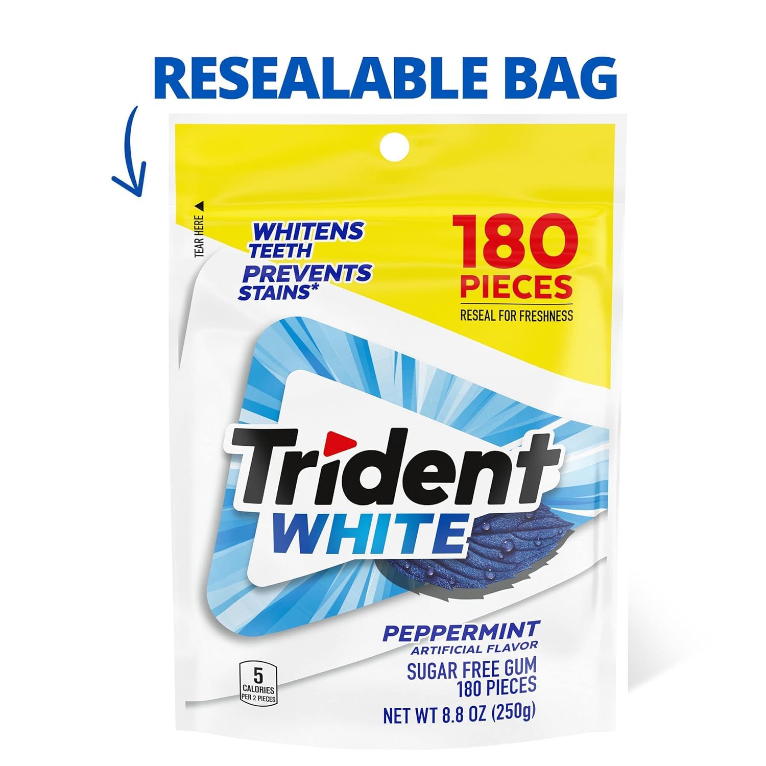Trident White Sugar-Free Chewing Gum with Xylitol, Peppermint, 180 Piece Bulk Resealable Bag (Pack of 16) image 3
