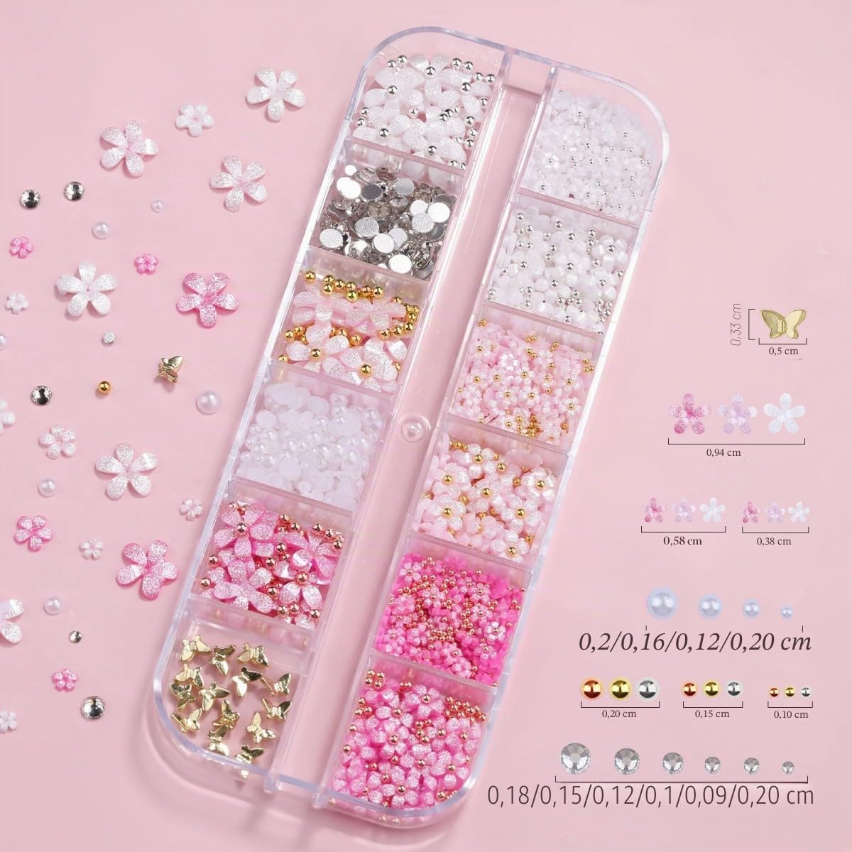 Lot de 2 boîtes de breloques pour ongles 3D (nœud, fleur, demi-perle), fleurs roses pailletées et nœuds, accessoires décoratifs pour manucure et loisirs créatifs
