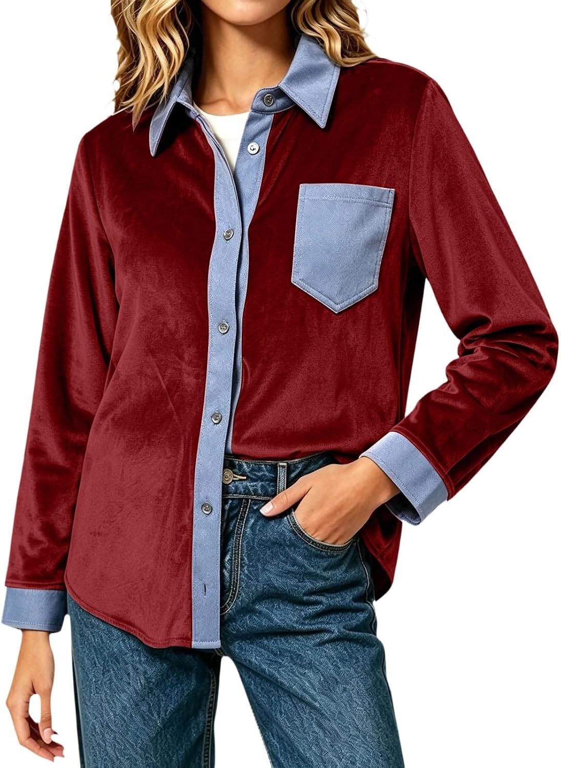 Women's Velvet Button Down Shirt Contrast Denim Long Sleeve Blouse