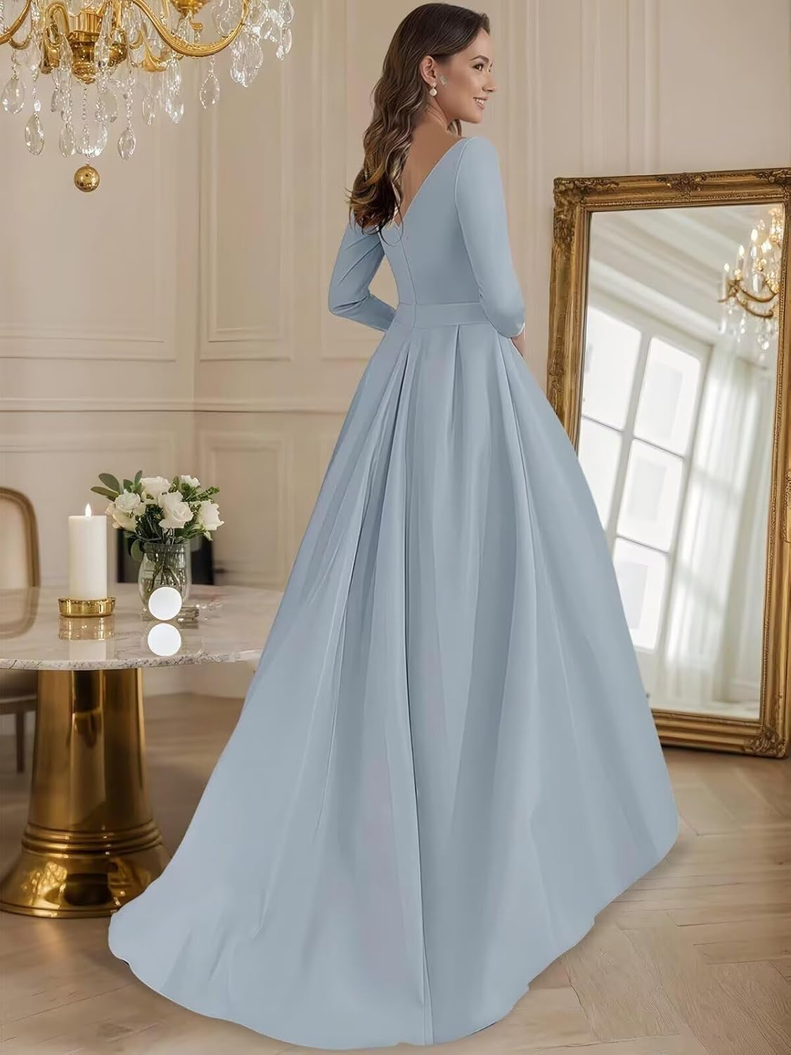 Satin Mother of The Bride Dresses for Women High Low Long Sleeve Formal Wedding Guest Dress with Pockets - Image 2