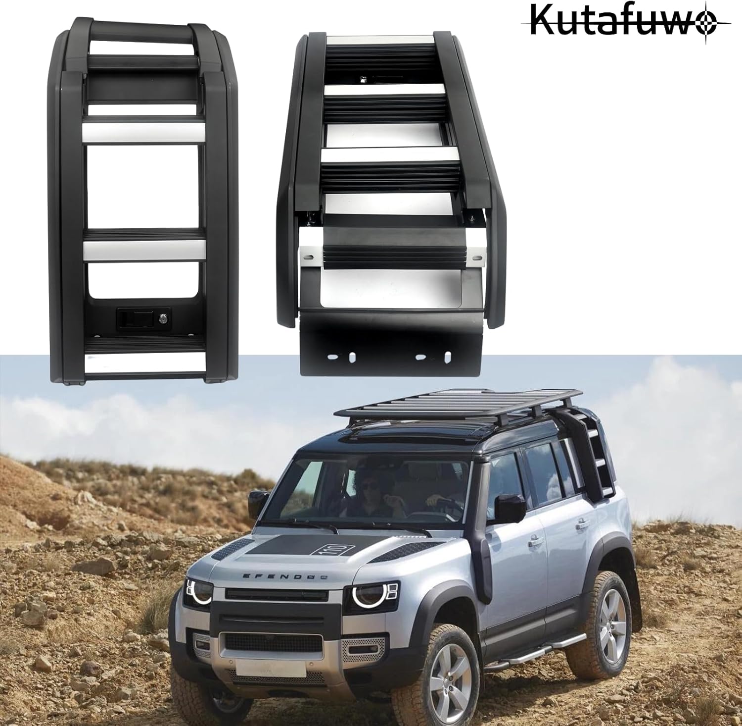 Lockable and Retractable Side Roof Rack Access Ladder Fits for Land Rover Defender 90 110 130 2020 2021 2022 2023 2024 2025 2026,Provide Trim Installation without Damage,Quick-Release (Silver + Black)
