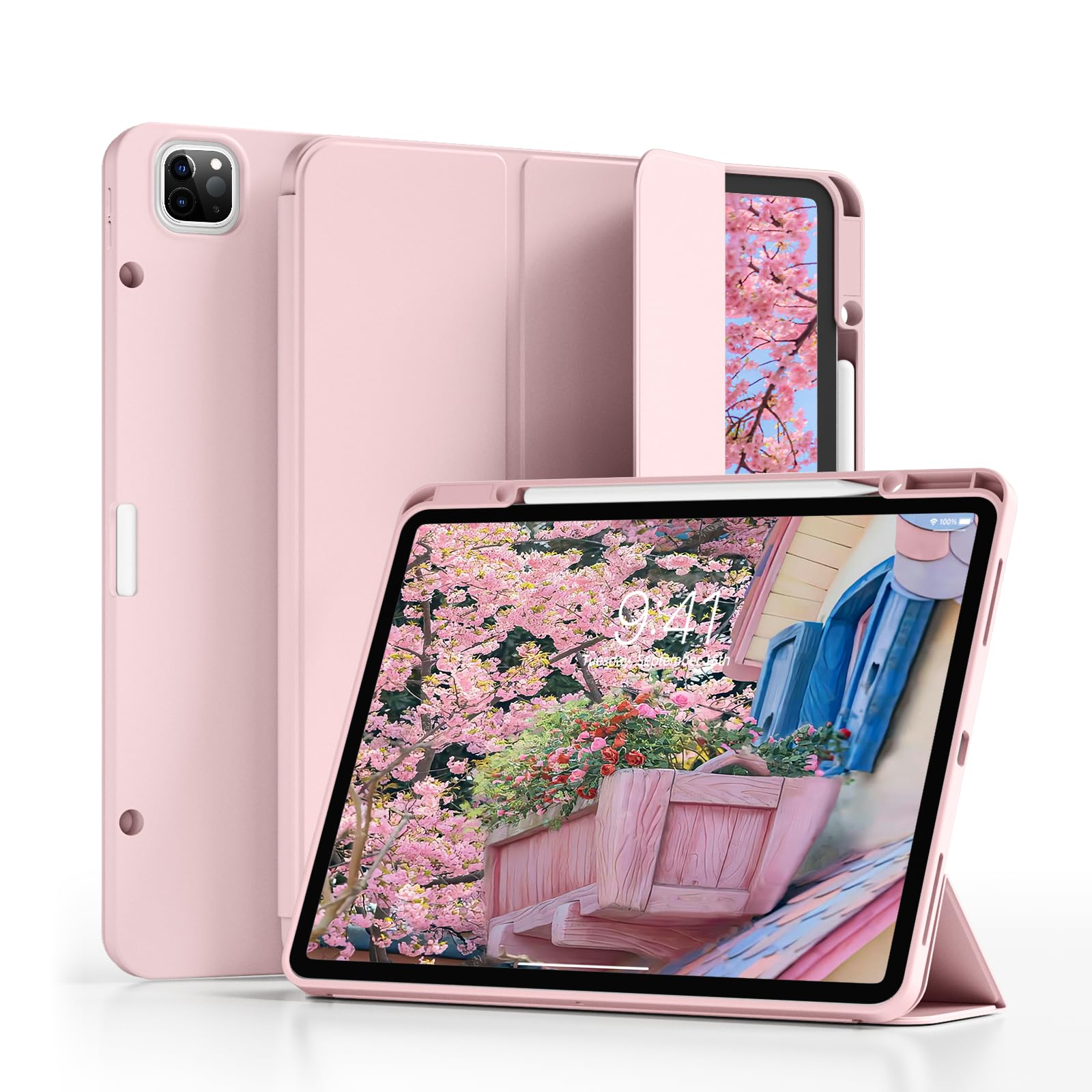ZKTUYU Hülle für iPad Pro 12,9 Zoll 6. / 5. / 4. Generation 2022/2021/2020 mit Stifthalter, Ultradünn Stoßfeste, Weiche TPU Rückseite,Auto Schlafen/Wecken, Unterstützung Pencil 2 Aufladung, Rosa