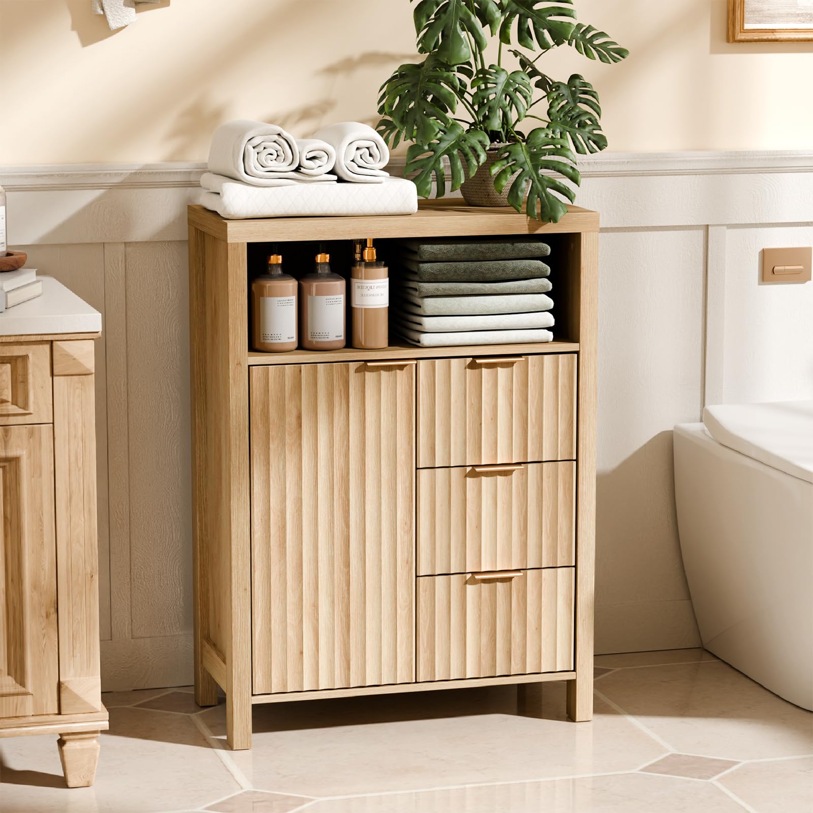 Bonnlo Meuble de Rangement, Armoire de Rangement en Bois avec 1 Compartiment Ouvert, Meuble sur Pied avec 4 Tiroirs, Commode pour Cuisine, Entrée, Salle de Bain, Chêne, 59 x 30 x 81 cm
