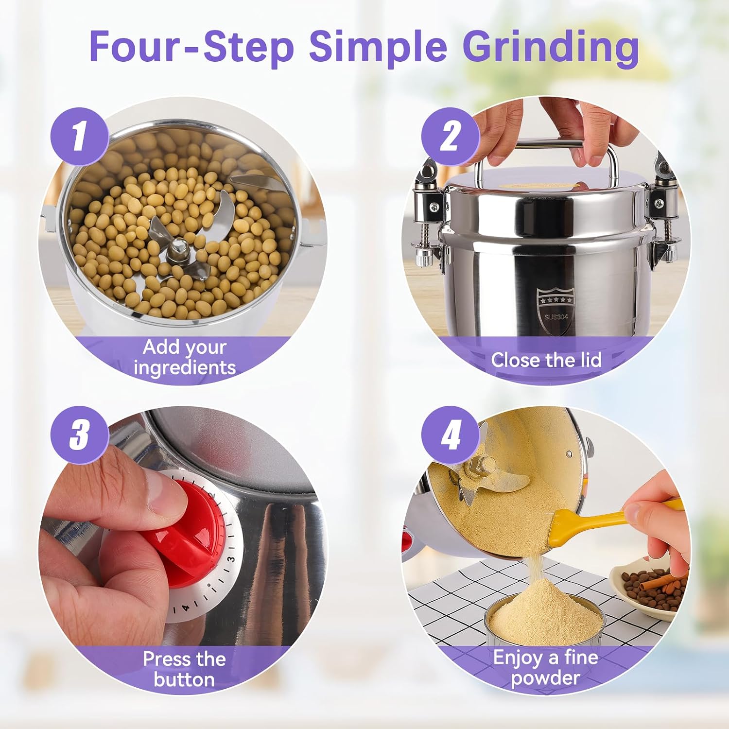 Heavy-Duty Electric Grain Mill Grinder – 2000W 750g Capacity 304 Stainless Steel Commercial Grade for Grinding Dry Grains, Coffee, Spices – High-Speed Motor, Easy Clean, Overload Protection