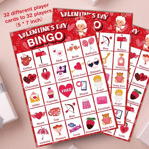 Miniatura 5 de Tarjeta de juego de bingo para el día de San Valentín para niños y adultos, 32 jugadores, juego de San Valentín para familia/aula escolar, grupo