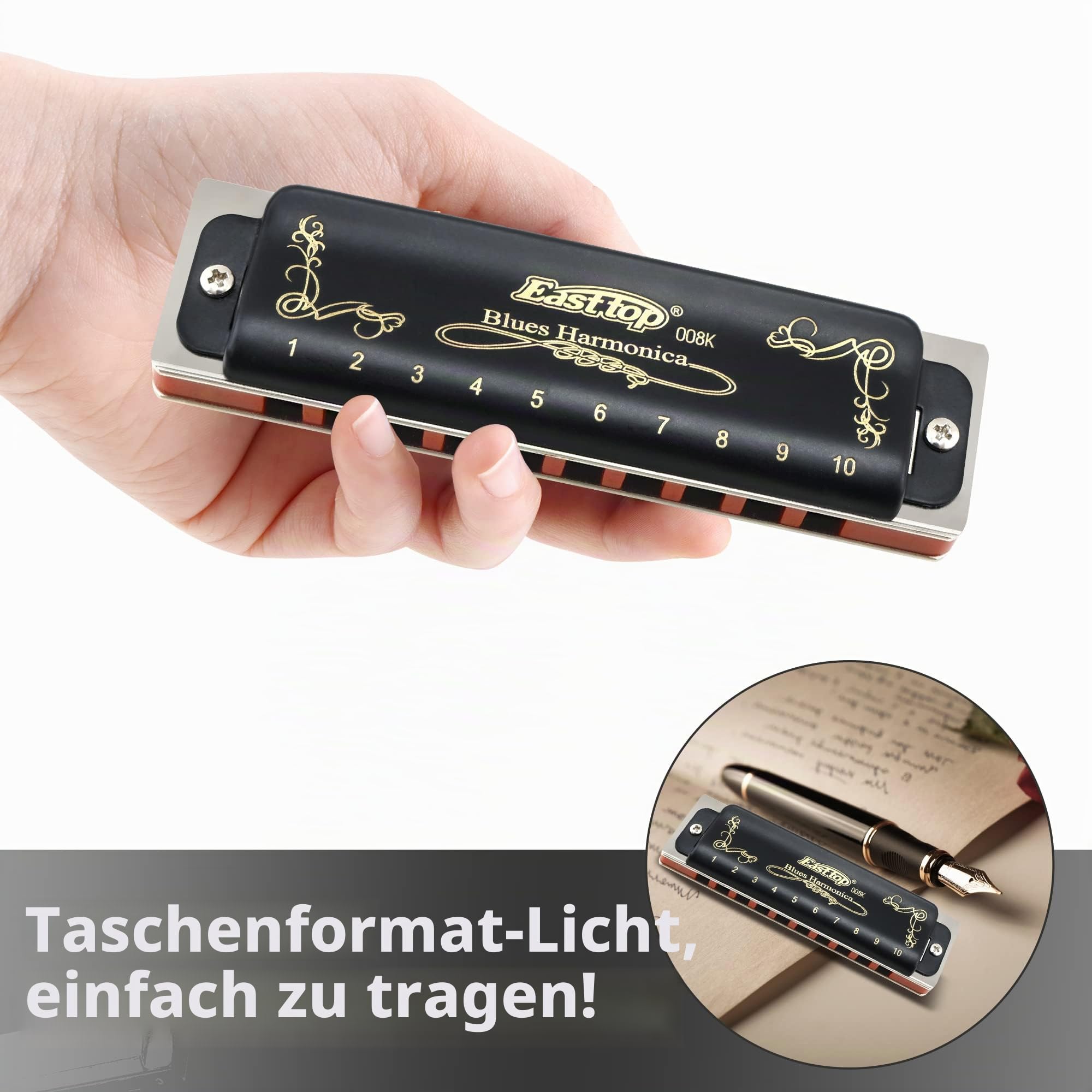East Top Diatonische Blues Harmonica Mundharmonika 10 Löcher T008K Tonart G Mundharmonika Für professionelle Spieler, Anfänger, Studenten, Erwachsene, Kinder, als bestes Geschenk