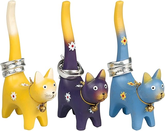 MySmartBuy Set Of 3 Cat Ring Holders Jewellery Display Organiser Decoration Ornament Yellow Purple Blue
