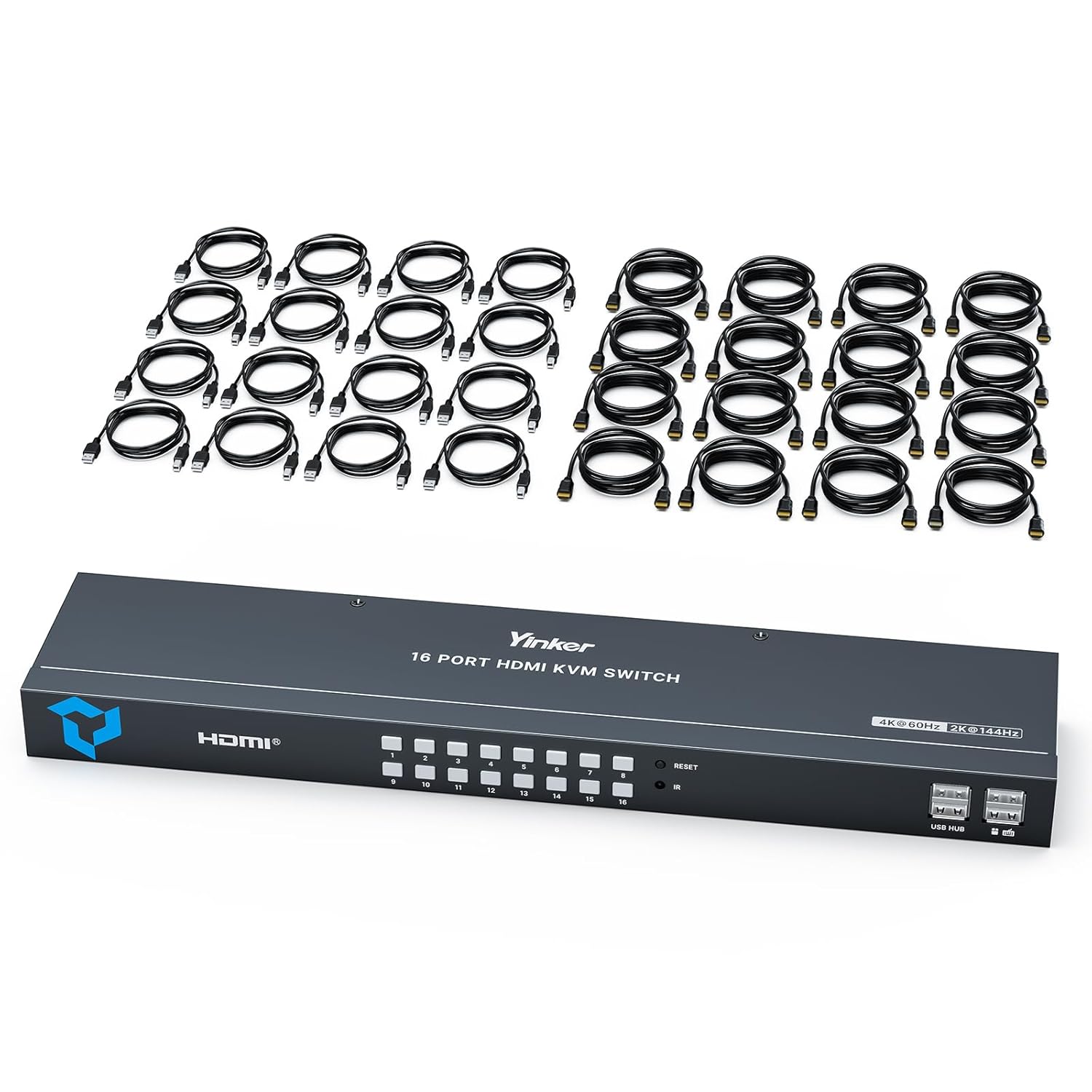 16 Port HDMI KVM Switch, 4K@60Hz 2K@144Hz USB Rack Mount KVM HDMI Switch w/16 Pcs Cables, Support RGB 4:4:4, HDCP 2.2, 3.5mm Audio, 4 USB 2.0, IR Remote