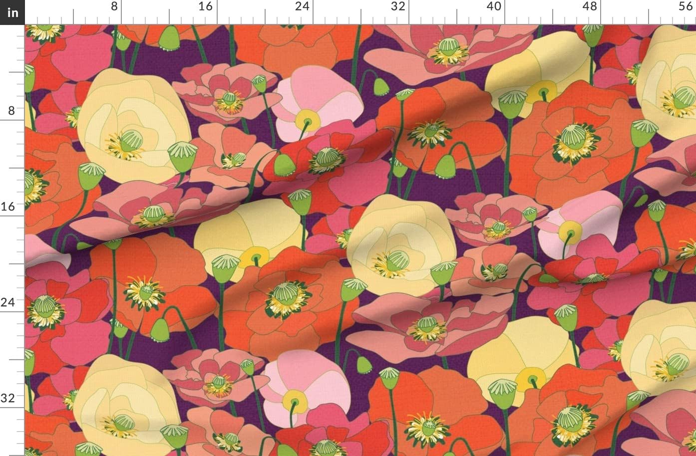 Spoonflower Fabric - Vintage Bright Retro Poppies 1970S 1960S Large Scale Bohemian Joyful Printed on Organic Cotton Sateen Fabric by The Yard - Sewing Quilting Apparel Home Decor