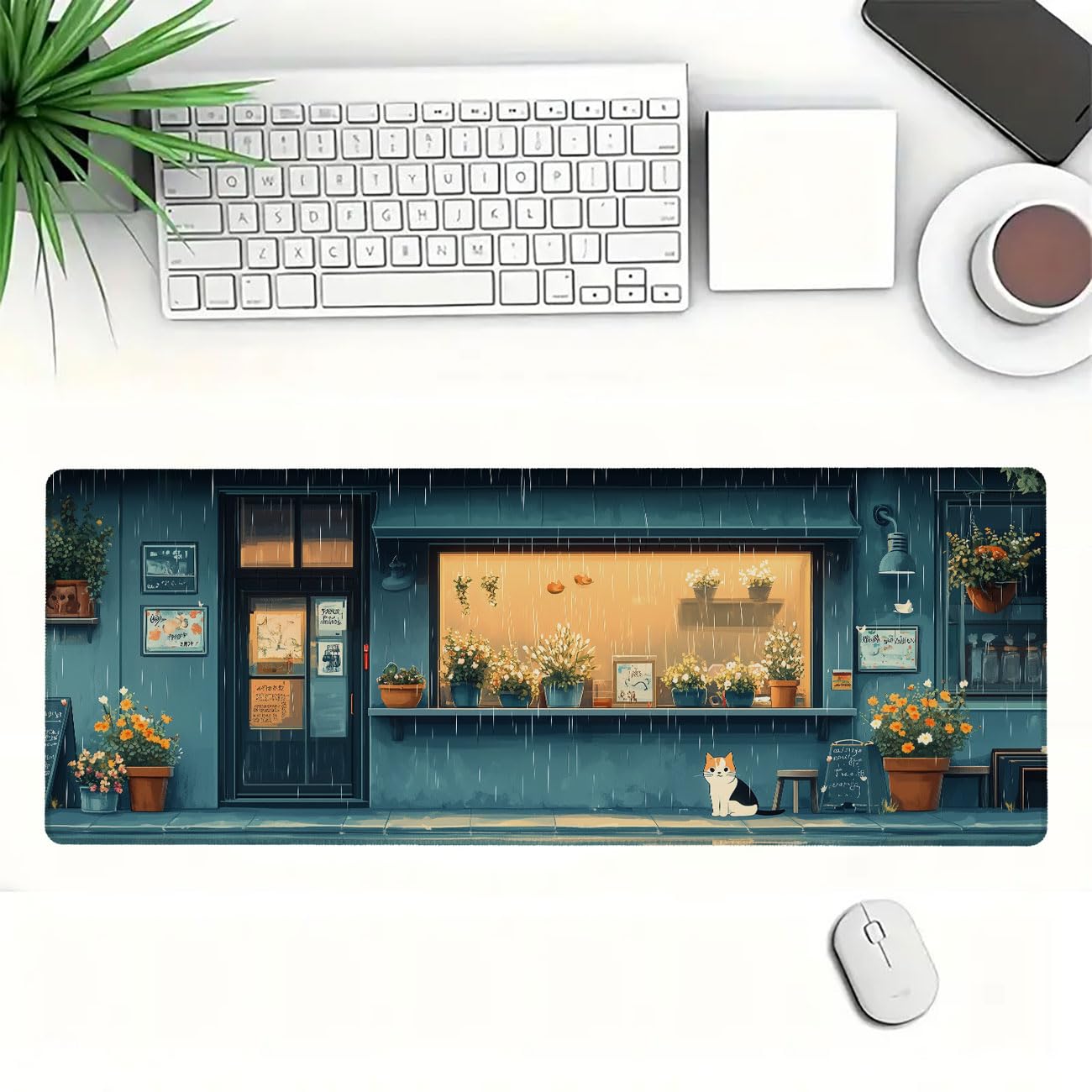 Alfombrilla de mouse para juegos de anime japonés, diseño de gato Kawaii con plantas verdes, tamaño XL, alfombrilla de mouse grande extendida para teclado para laptop, alfombrilla de mouse para