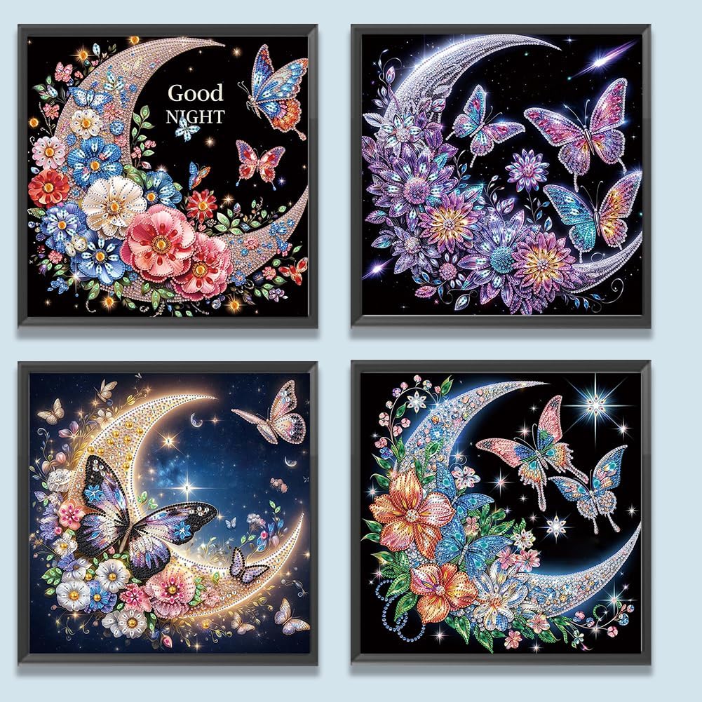 4pcs 5D Special Shape Moon Flower Butterfly Diamond Art Painting Kits for Adults, DIY Crystal Rhinestone Art Craft for Beginners, Home Wall Decor Gift 11.8X11.8inch