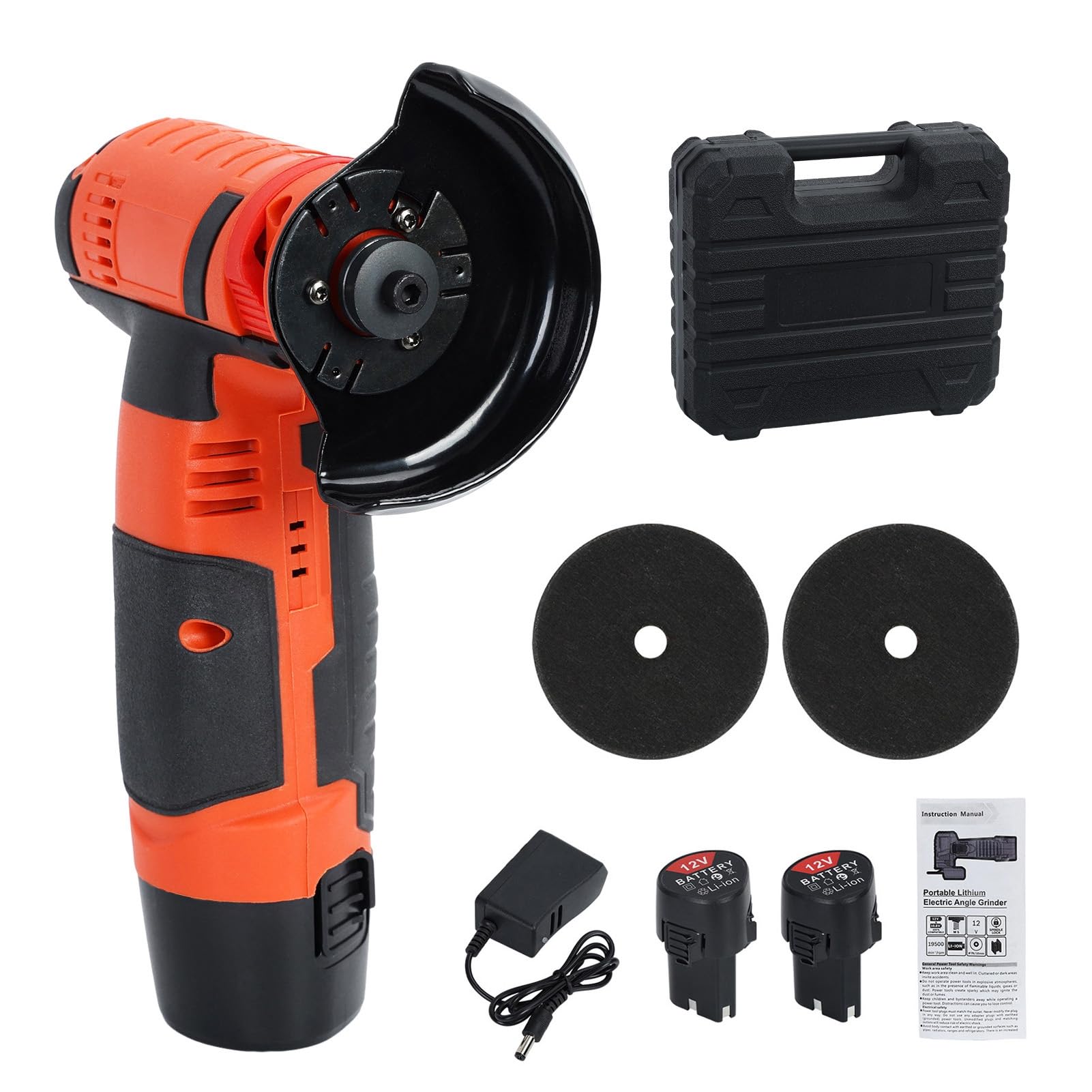 Loyliawa Red Cordless Brush Angle Grinder Kit, Angle Grinder Cordless, 19500Rpm Mini Electric Angle Grinding Tool With 2Pcs 12V 2000Mah Batteries, Grinder Handheld Cutter For Metal Wood