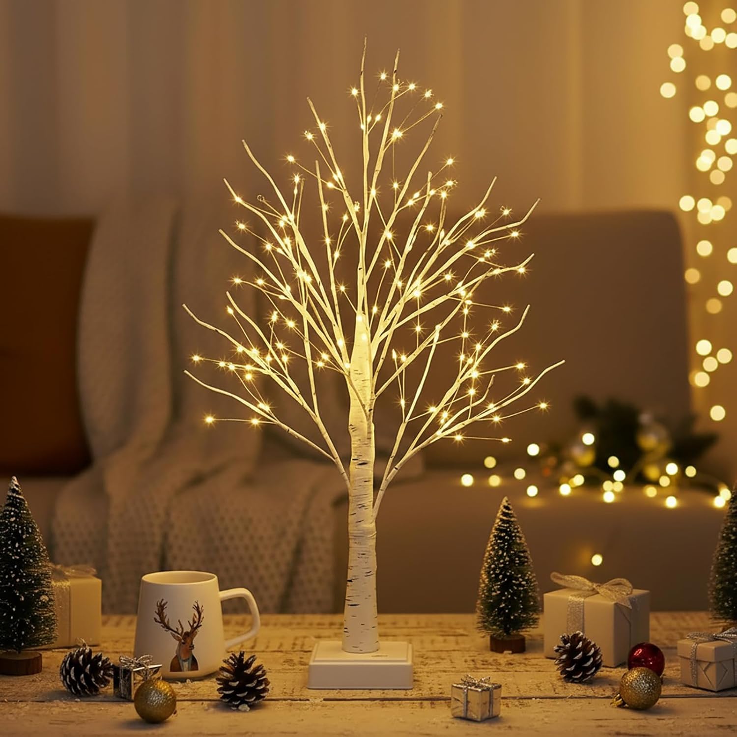 Lighted Trees for Indoor Decor with Timer, 144 LED 2FT White Light up Birch Tree Tabletop Lamp for Birthday Thanksgiving Wedding Decor, Small Christmas Tree with Lights - Image 7