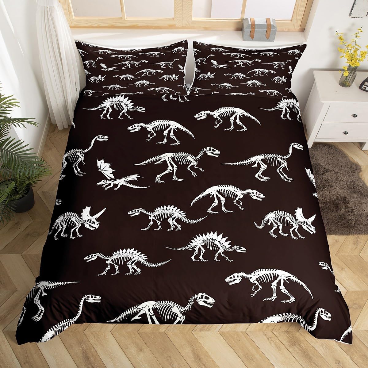 Dinosaur Skeleton Duvet Cover Queen Size Dinosaur Bones Comforter Cover with 2 Pillowcase for Teens Kids Ancient Animals Bedding Set Black and White Breathable 3 Pcs Decorative Bed Cover(No Comforter)