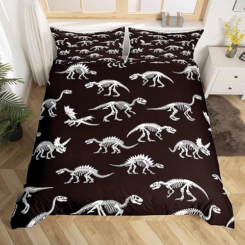 Dinosaur Skeleton Duvet Cover Queen Size Dinosaur Bones Comforter Cover with 2 Pillowcase for Teens Adults Kids Ancient Animals Bedding Set Black