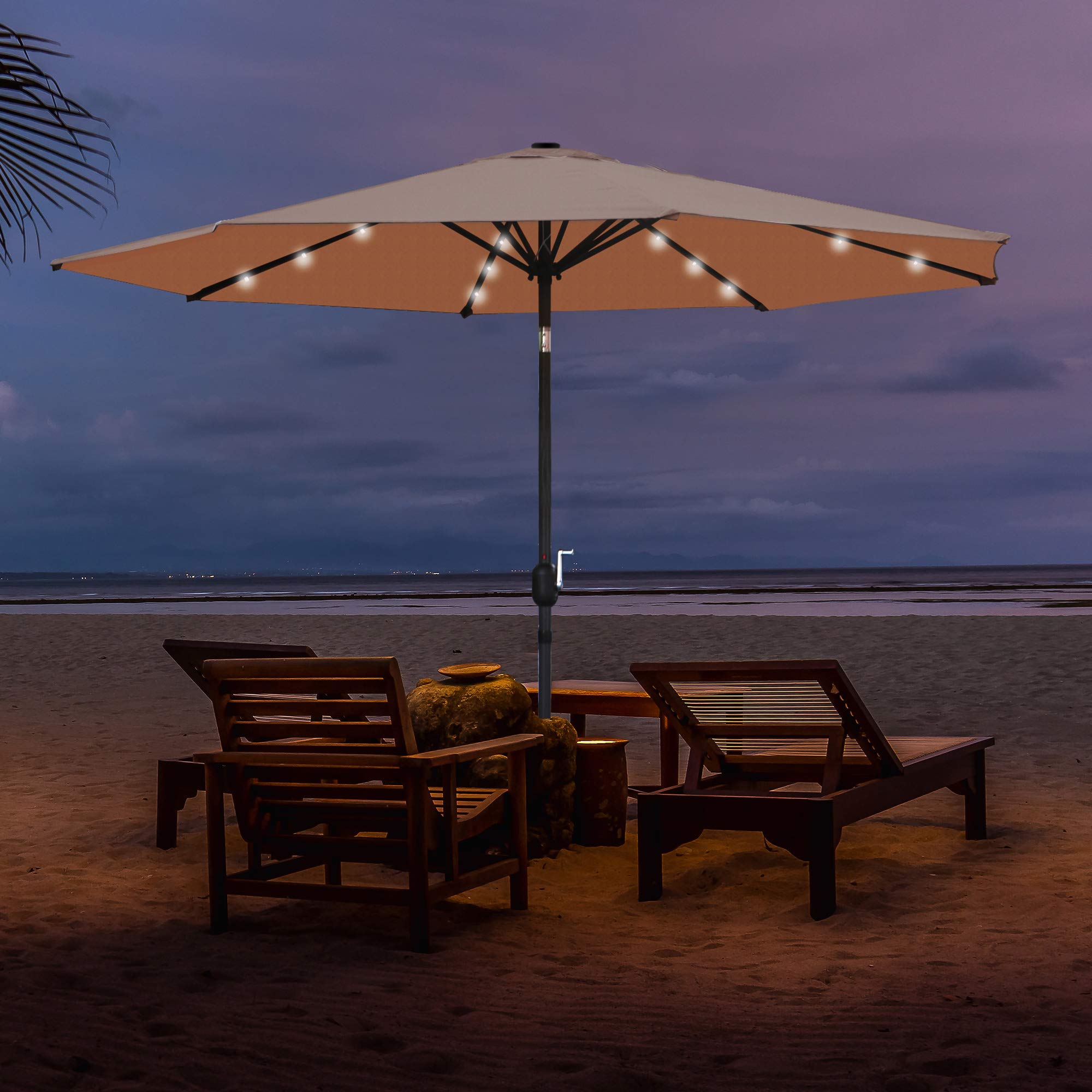 Amazon Com Super Deal 10ft Solar Led Lighted Patio Umbrella Table Umbrella Push Button Tilt Adjustment Crank Lift System Aluminum Ribs For Patio Garden Backyard Deck Poolside And More Tan Clothing