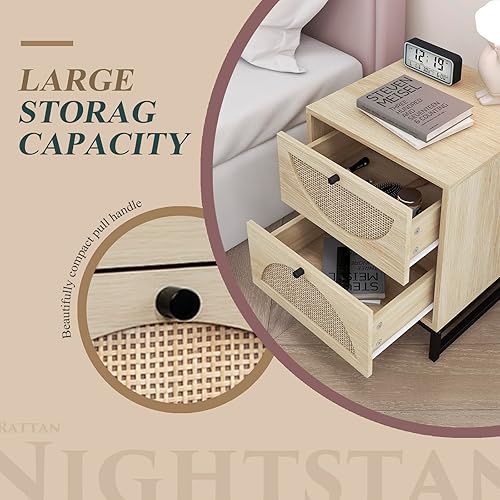 Miniatura 4 de WOENEI Juego de 2 mesitas de noche de ratán con 2 cajones, acento de mesa auxiliar de madera, mesa auxiliar de granja con almacenamiento, mesas de