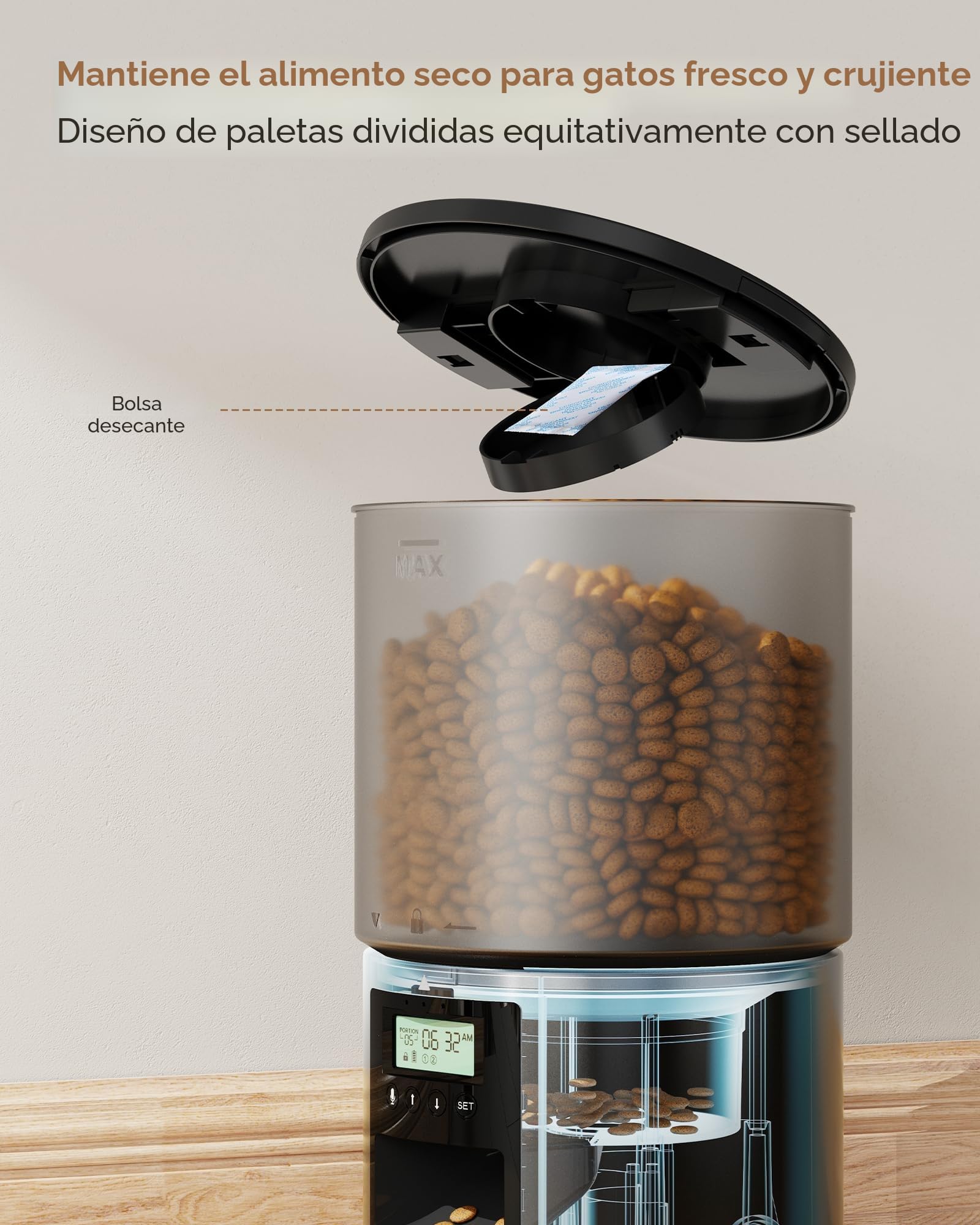 Comedero Gato Automatico Dispensador Comida: Pet Food Feeder con Temporizador Programable - 1-6 Comidas al DíA - Comedero con Presione la Tapa y Función de Grabación 10s - 4L Negro
