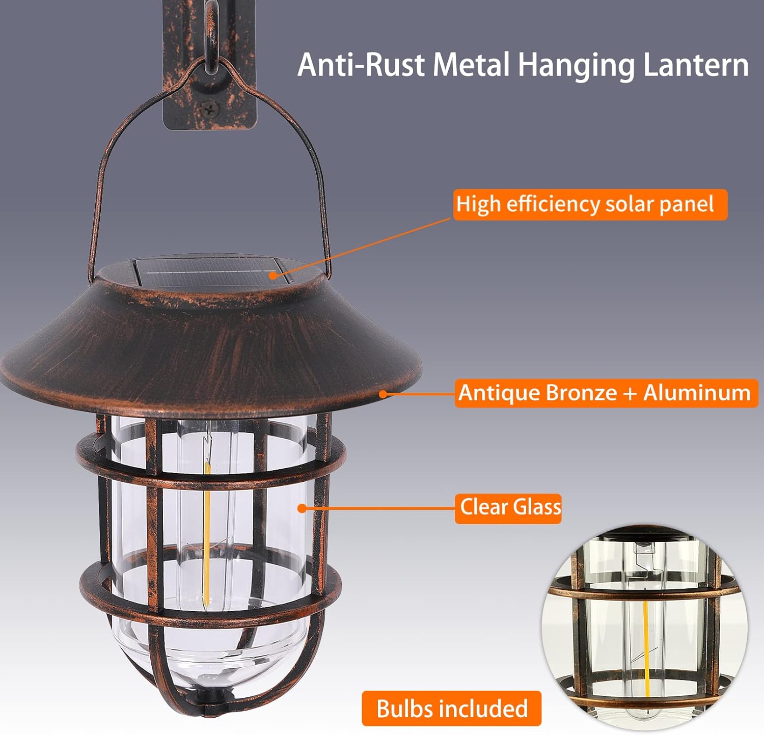 Solar Lantern Outdoor Hanging Solar Lights, Waterproof Metal Outdoor Lights with Clear Glass, LED Decorative Aluminum Wall Lantern with Hooks, Bronze