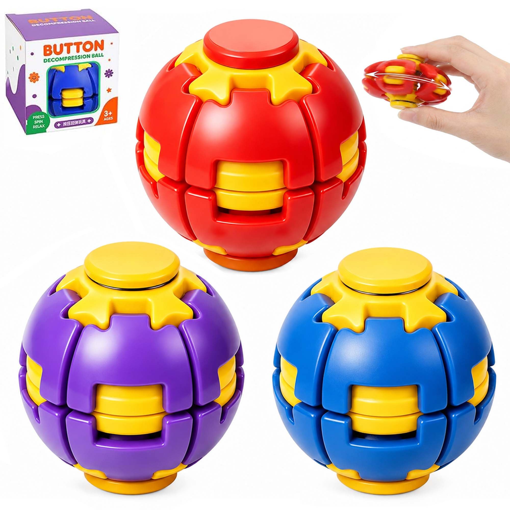 3 Pack Press to Spin Fidget Spinner, 2 in 1 Spin Stress Ball Fidget Toys