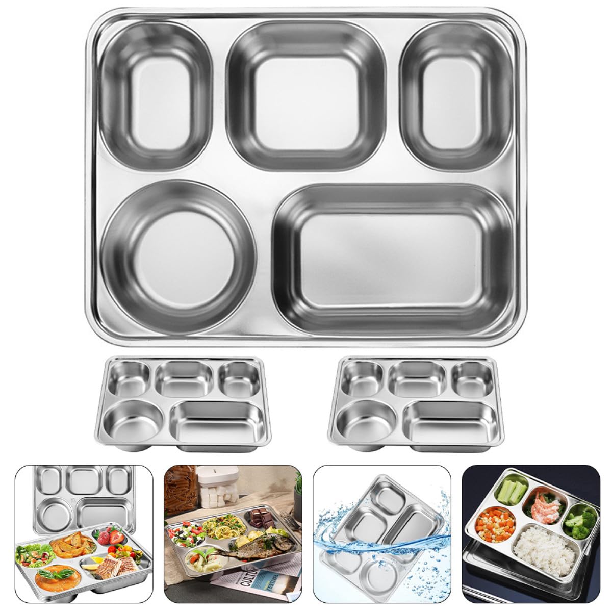HEALLILY Plateau Facile à Nettoyer Repas Garçon et Filles Inox en Acier Inoxydable Compartiments Divisés Lot de 3 Plateaux Repas Compartimentés pour Restaurants et Hôtels