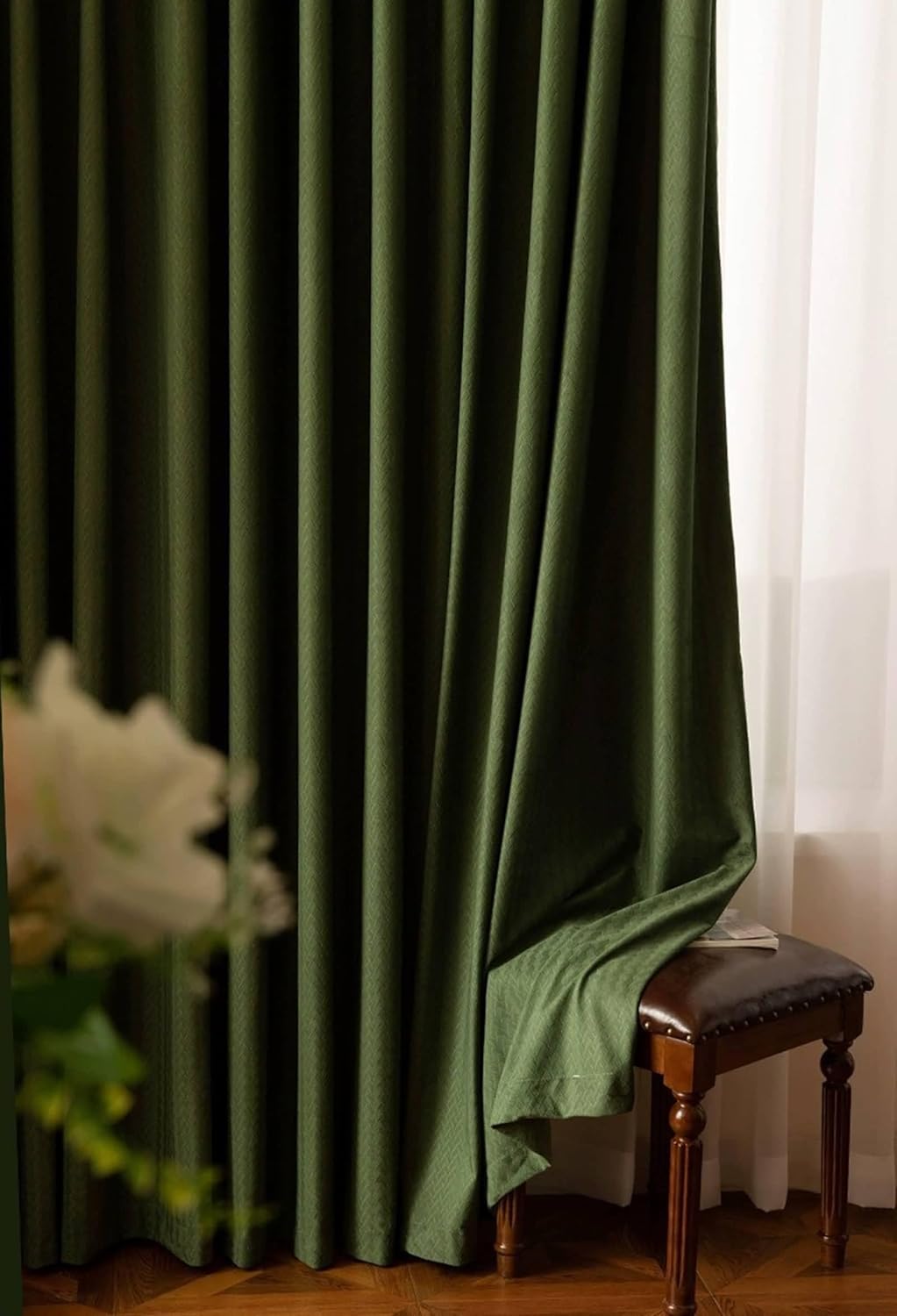 Bedroom Curtains 2 Panel Sets Blackout 96 inch Long, Flannel Blackout Curtains Eyelets Solid Color Jacquard Wheat Texture Drapes Curtain Window Treatment Dark Green, 52 x 96 Inch
