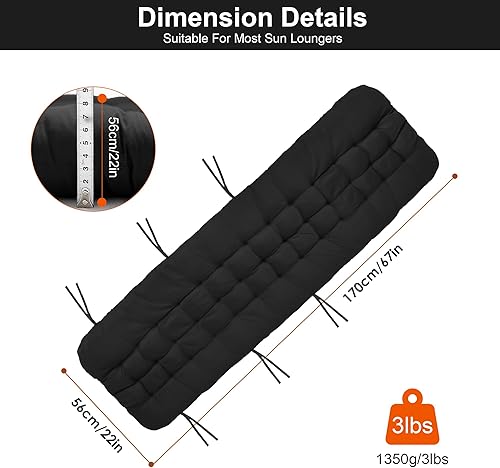 Miniatura 3 de Moclever Cojín para silla de gravedad cero, de 67 x 22 x 3 pulgadas, cojín reclinable acolchado grueso con 6 lazos, almohadilla suave para silla