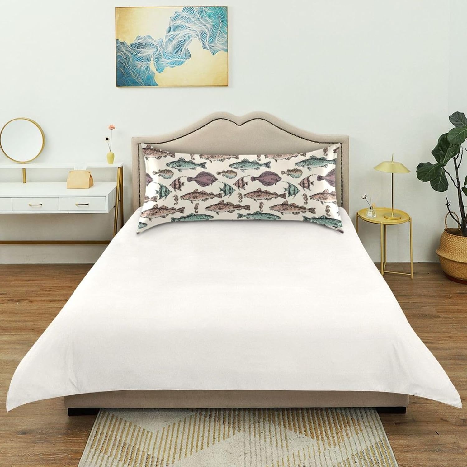 Vintage Fish Beige Print Pillow Covers Silk Pillowcase for Hair and Skin Soft and Smooth Cooling Satin Pillowcase Queen Size Pillow Case for for Hot Sleepers Bed Women Girls 20x30in