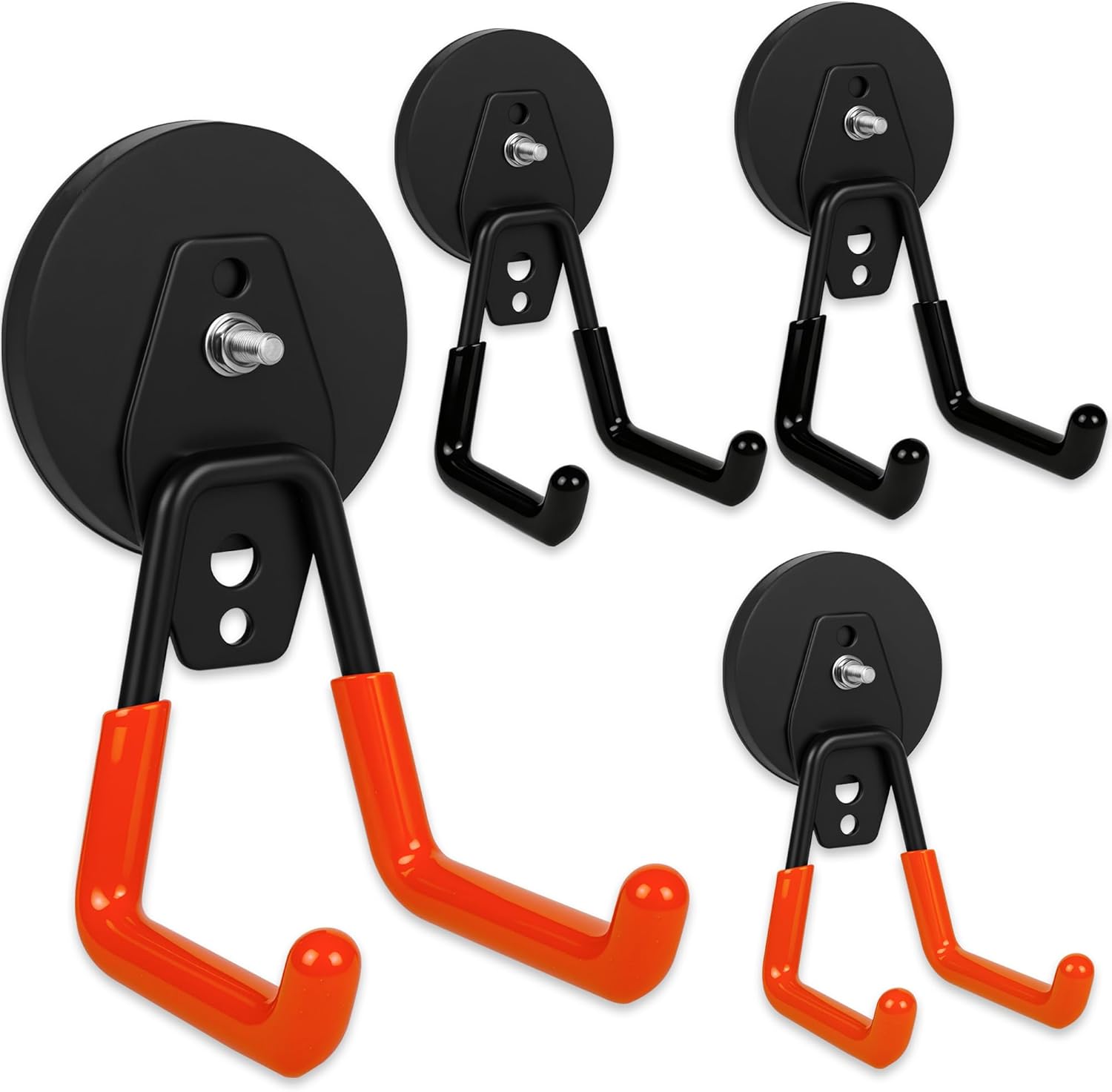 4 Pack Heavy Duty Magnetic Garage Hooks,No Drill Installation and Rubber Coating for Scratch-Free Use,Space Saving Large Utility Hooks for Kitchen,Tools,Pegboard,Workshop (Red 2pcs+Black 2pcs)