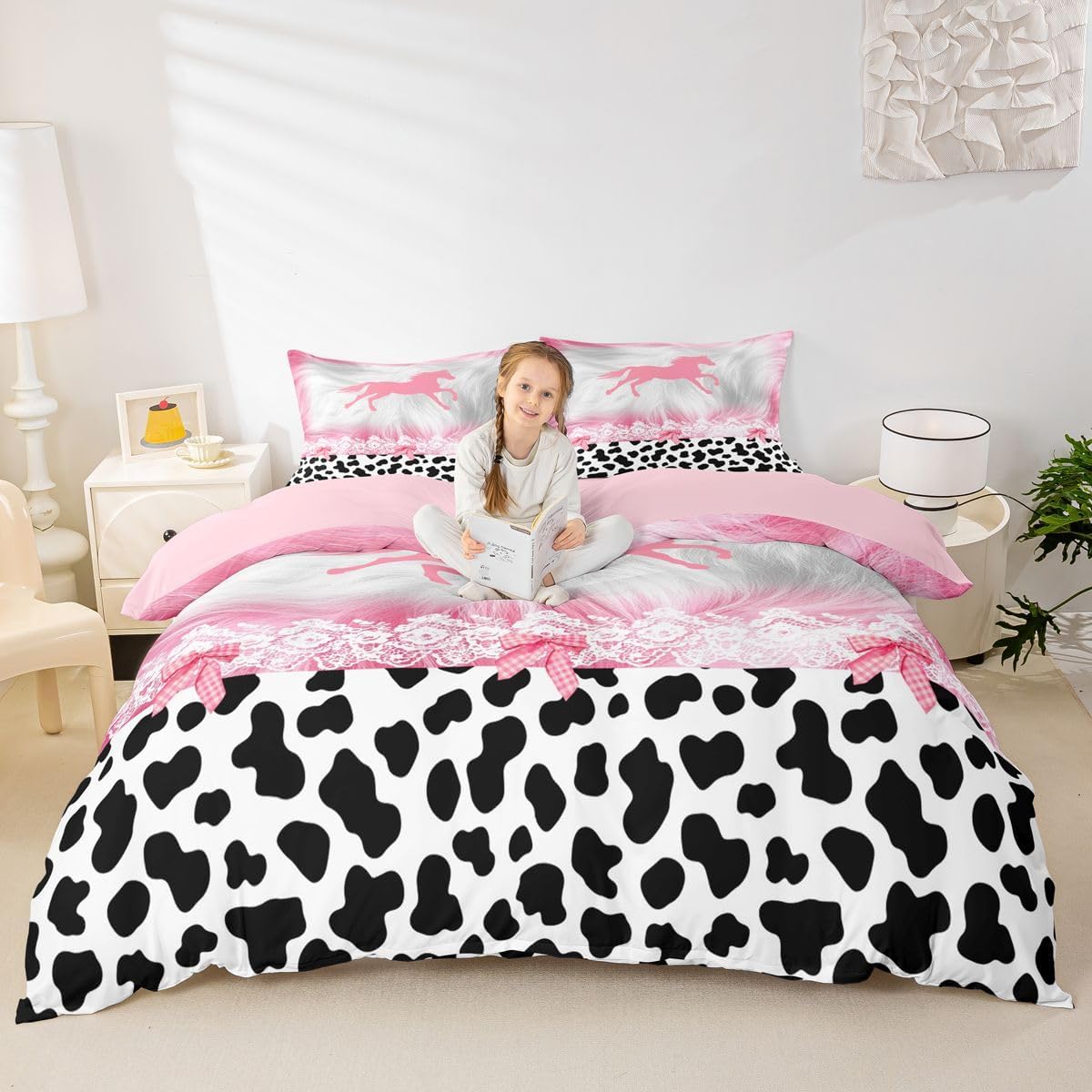 Feelyou Pink Cow Girl Bedding Set Western Horse Decor Comforter Cover Set for Kids Teens Pink and White Cow Fur Duvet Cover Cowhide Pink White Bedspread Cover Room Decor Bedroom Bedclothes Full Size