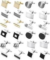 SONNYX 12 Pairs Men's Cufflinks Classic Silver Black Striped Square Disc Rectangle for Wedding Suit Business Formal