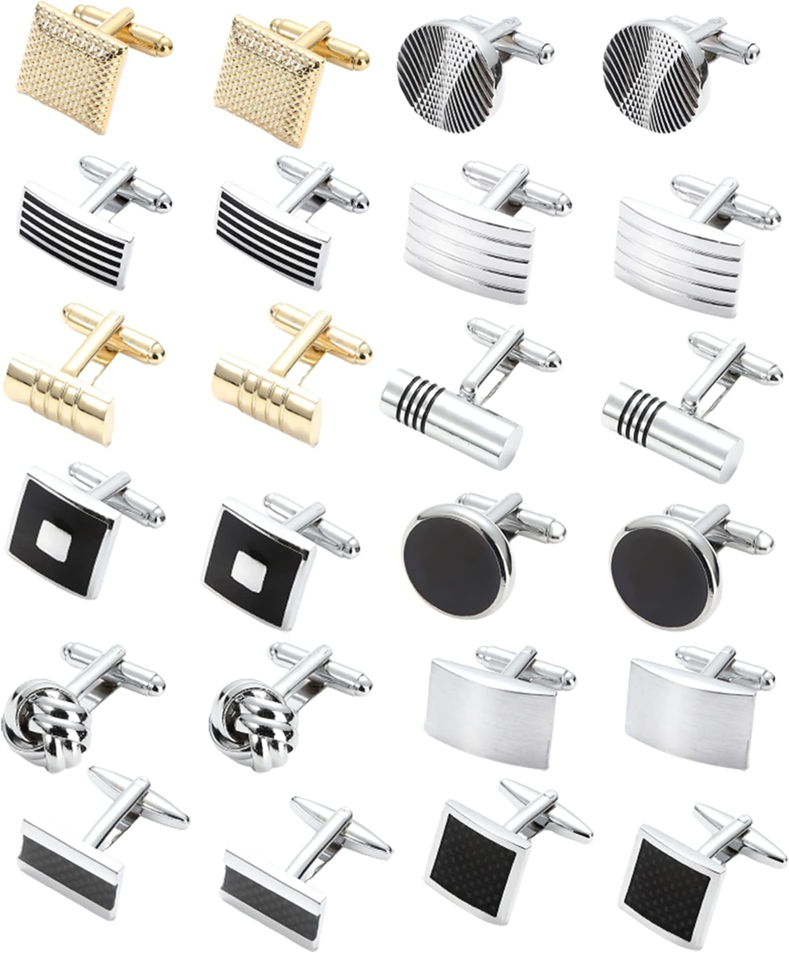 12 Pairs Cufflinks for Men Classic Tone Cuff Links Silver Black Striped Disc Square Rectangle Cuff Links Shirt Suit Men’s Cufflinks For Wedding Groom Business