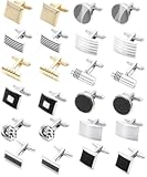 12 Pairs Cufflinks for Men Classic Tone Cuff Links Silver Black Striped Disc Square Rectangle Cuff Links Shirt Suit Men’s Cufflinks For Wedding Groom Business