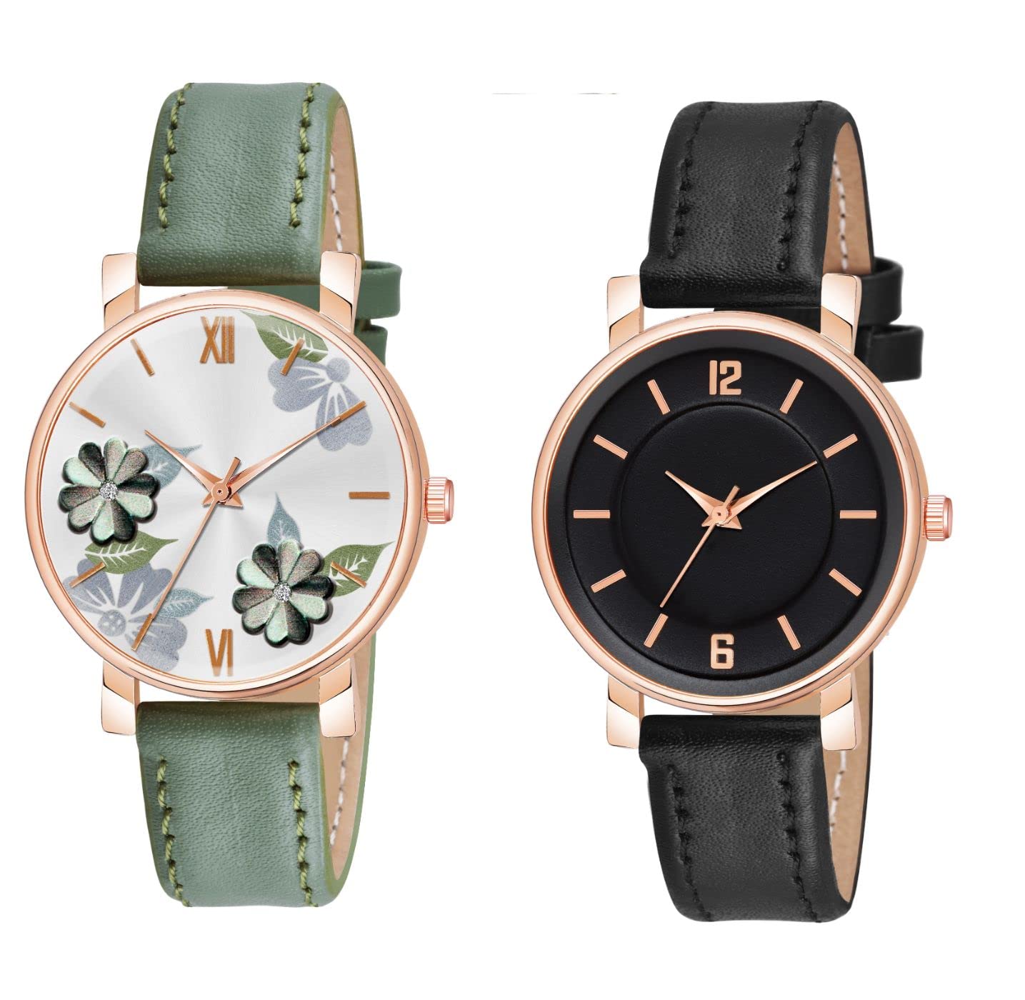 KIROH Green Flower and 6 to 12 Antique Dial Analogue Stylish Leather Strap Analoge Girls and Woman Combo Watches(Green) (B0BPYM2JSP) Amazon Price History, Amazon Price Tracker