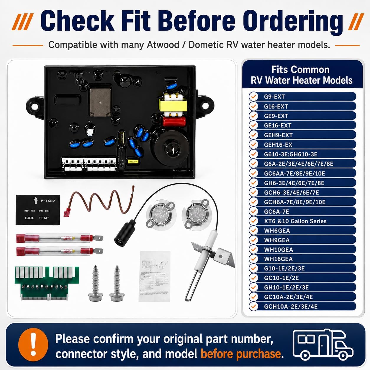 RV Hot Water Heater Control Board Parts fit for Atwood & Dometic 6&10 Gallon series：91365 Water Heater Circuit Board，91447 Thermostat，93868 Spark Probe lgniter Electrode GC6AA-10E GC10A-4E GCH6A-10E