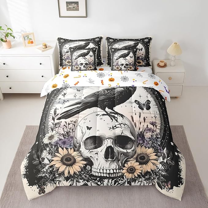 Erosebridal Halloween Raven 7 Piece Bed in A Bag Twin Size, Sugar Skull Bedding Sets for Kids Teens Adult Bedroom,Stars Galaxy Comforter Set Crow Sunflower Floral Bedding Comforter Sets, Black White