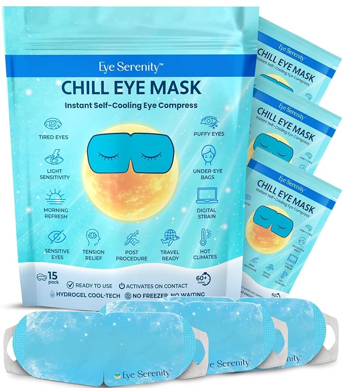 Máscara para os olhos Eye Serenity CHILL autorrefrigerante para dormir, uso único, Pacote com 15