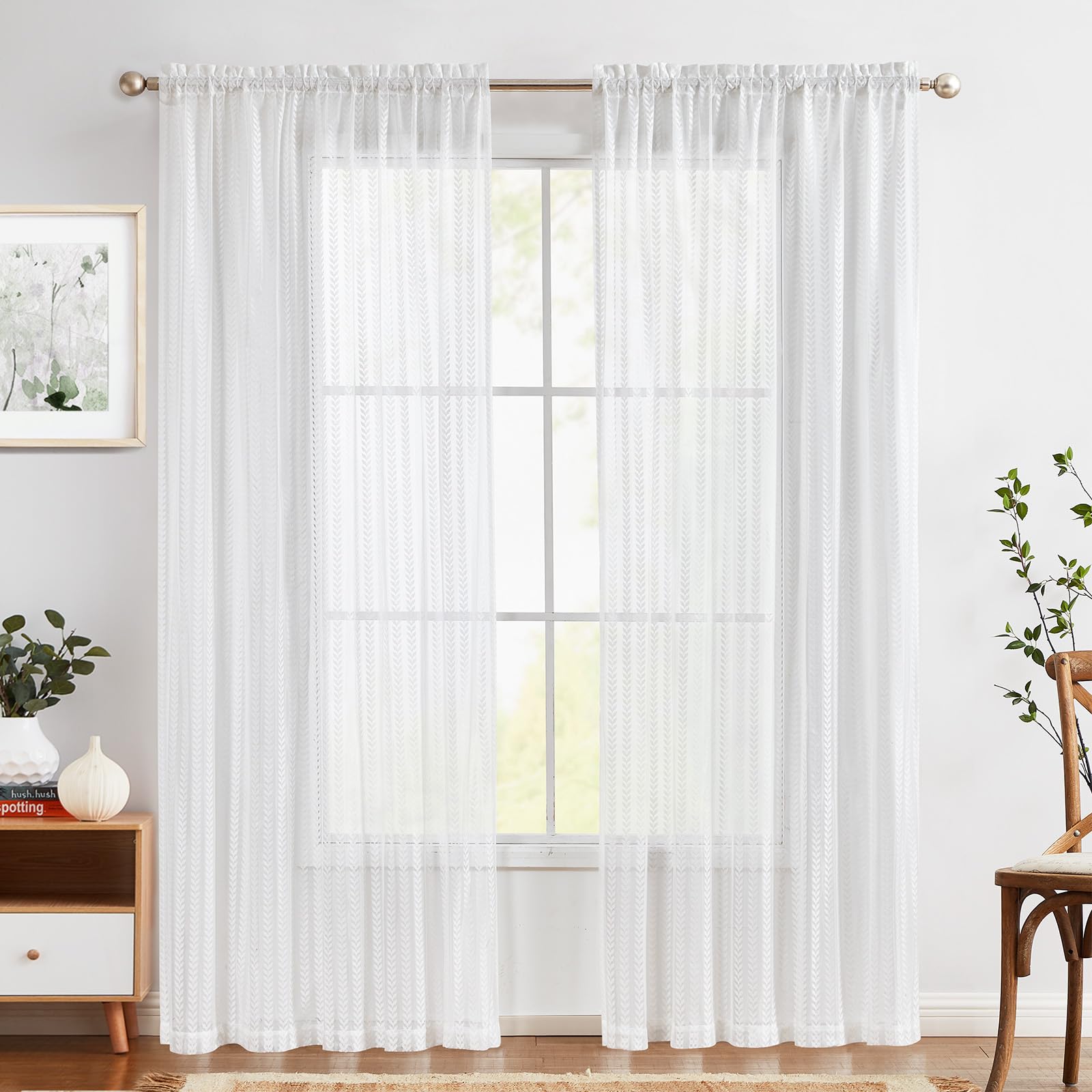 Cortinas con encaje blanco translúcidas de lino con bolsillo para varilla, 140x210cm
