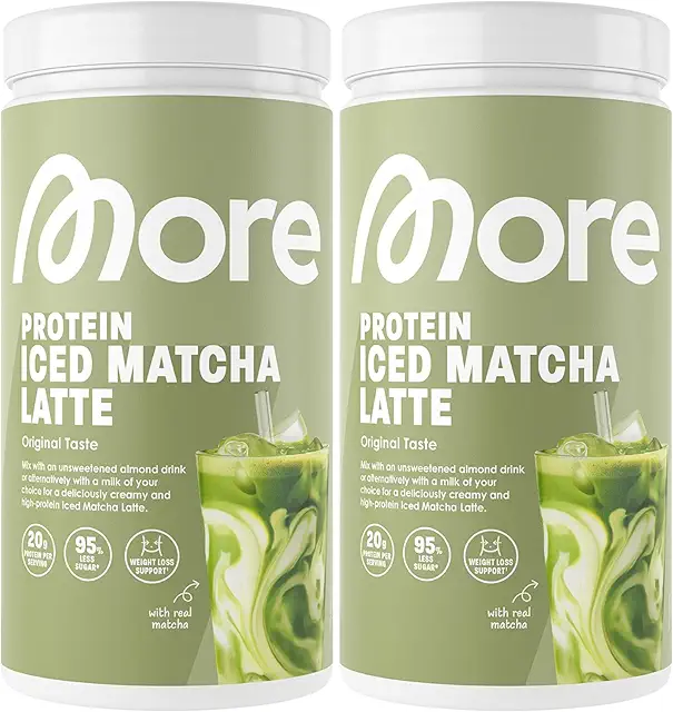 More Protein Iced Matcha Latte - 2 x 500g, Matcha Grünteepulver mit Proteinen, wenig Zucker