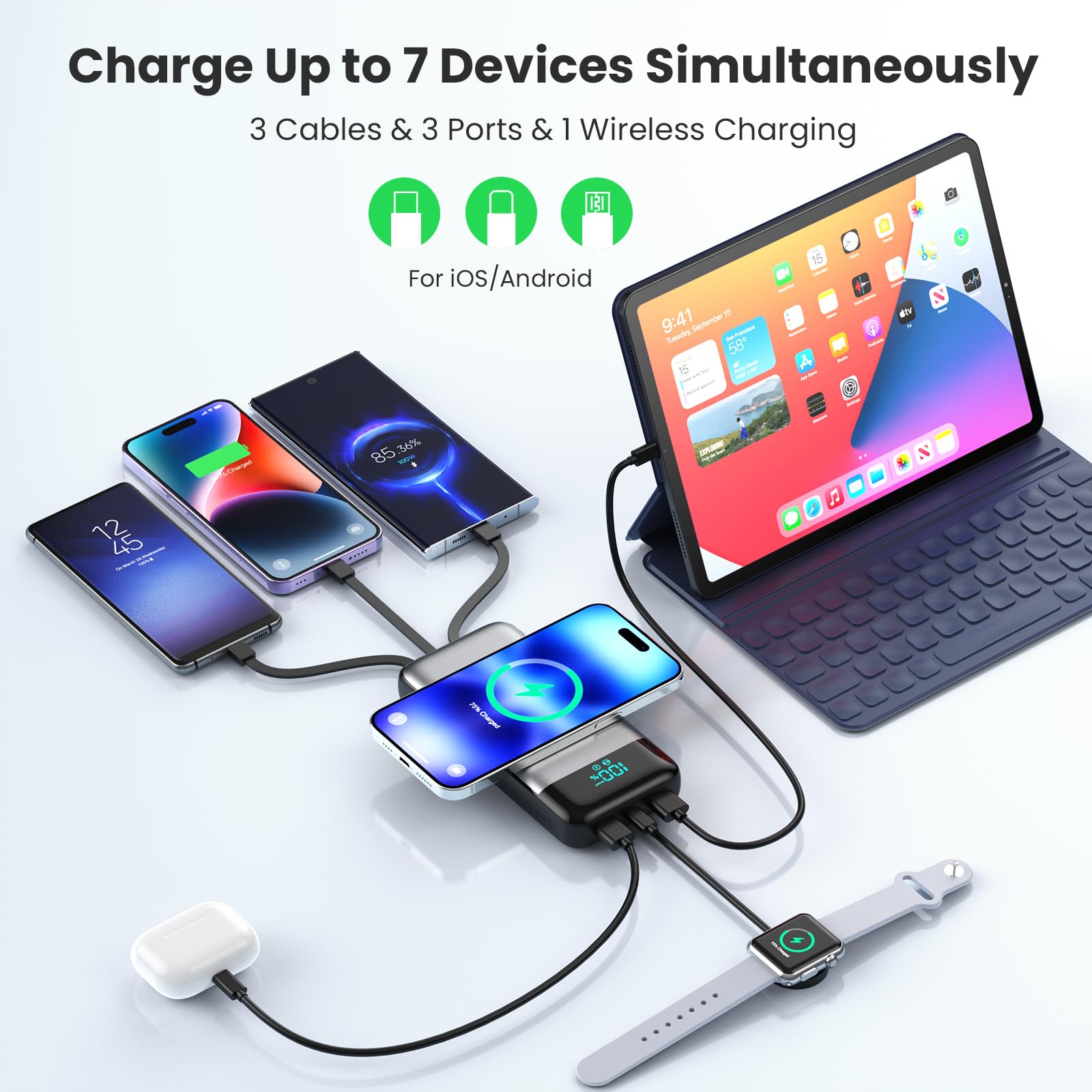 Cargador portátil inalámbrico de 40800 mAh para iPhone con 3 cables integrados, carga inalámbrica 7 en 1 de 15 W, cargador USB C, pantalla LCD de 25 W PD QC 4.0, batería de carga rápida para iPhone 16