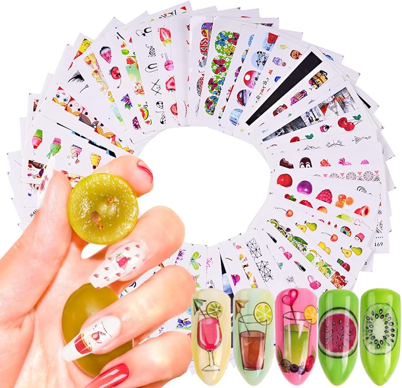 40 Sheets Fruits Nail Art Stickers, Holographic Water Transfer Nail Decals Design, Cake Fruit Ice Cream Nail Sticker Supplies for Women Girls Manicure Tips Charms Decoration Cute Acrylic Nails Decal