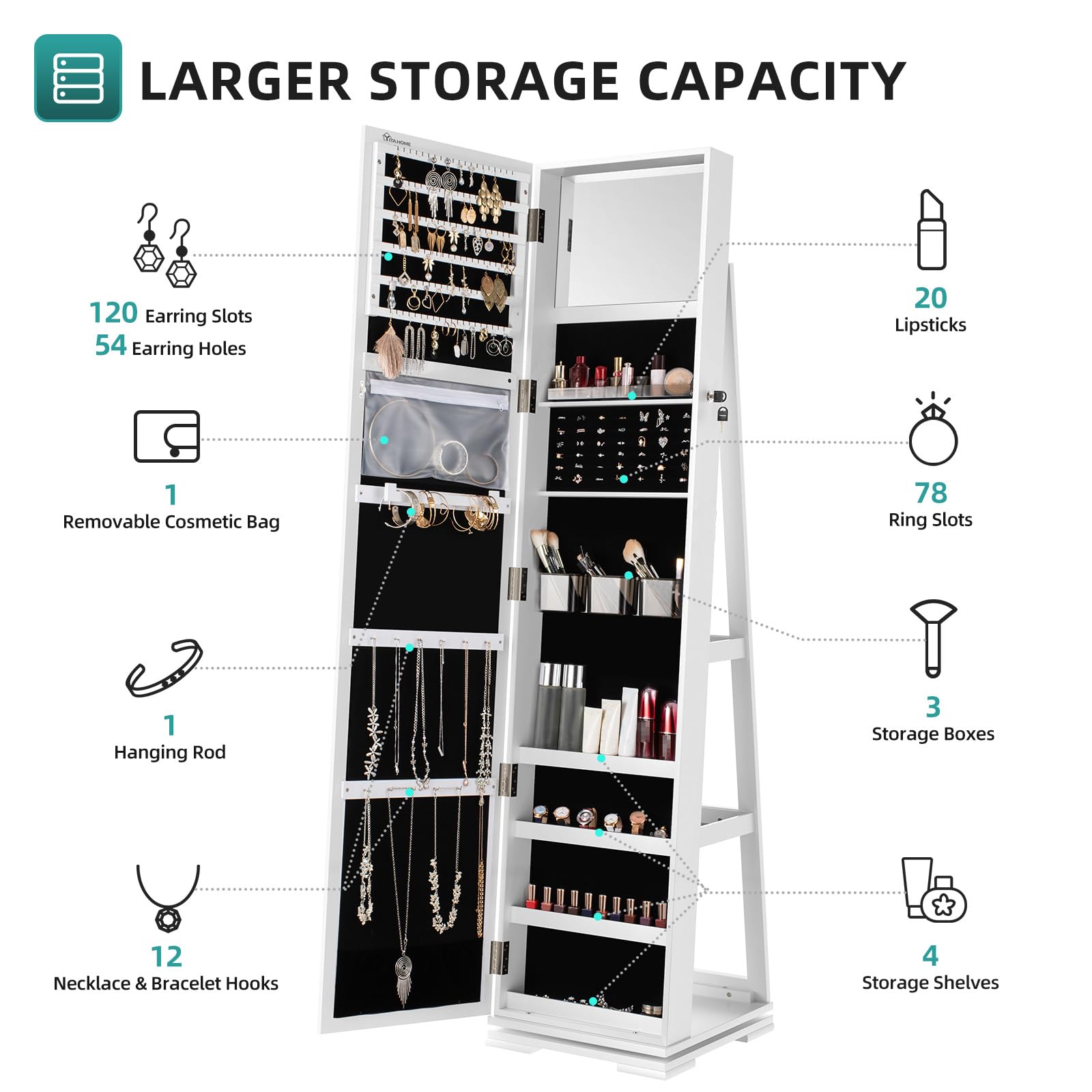 YITAHOME Jewellery Cabine Standing Full Length Mirrort, 360° Swivel Jewelry Armoire 3-in-1 Mirror, Lockable Cosmetic Storage Organize for Dressing/Bedroom