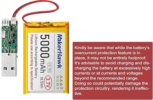 Miniatura 5 de MakerHawk Batería LiPo de 3.7 V 5000 mAh recargable 1S 3C baterías de polímero de litio con placa de protección cinta de goma aislada, enchufe PH2.0