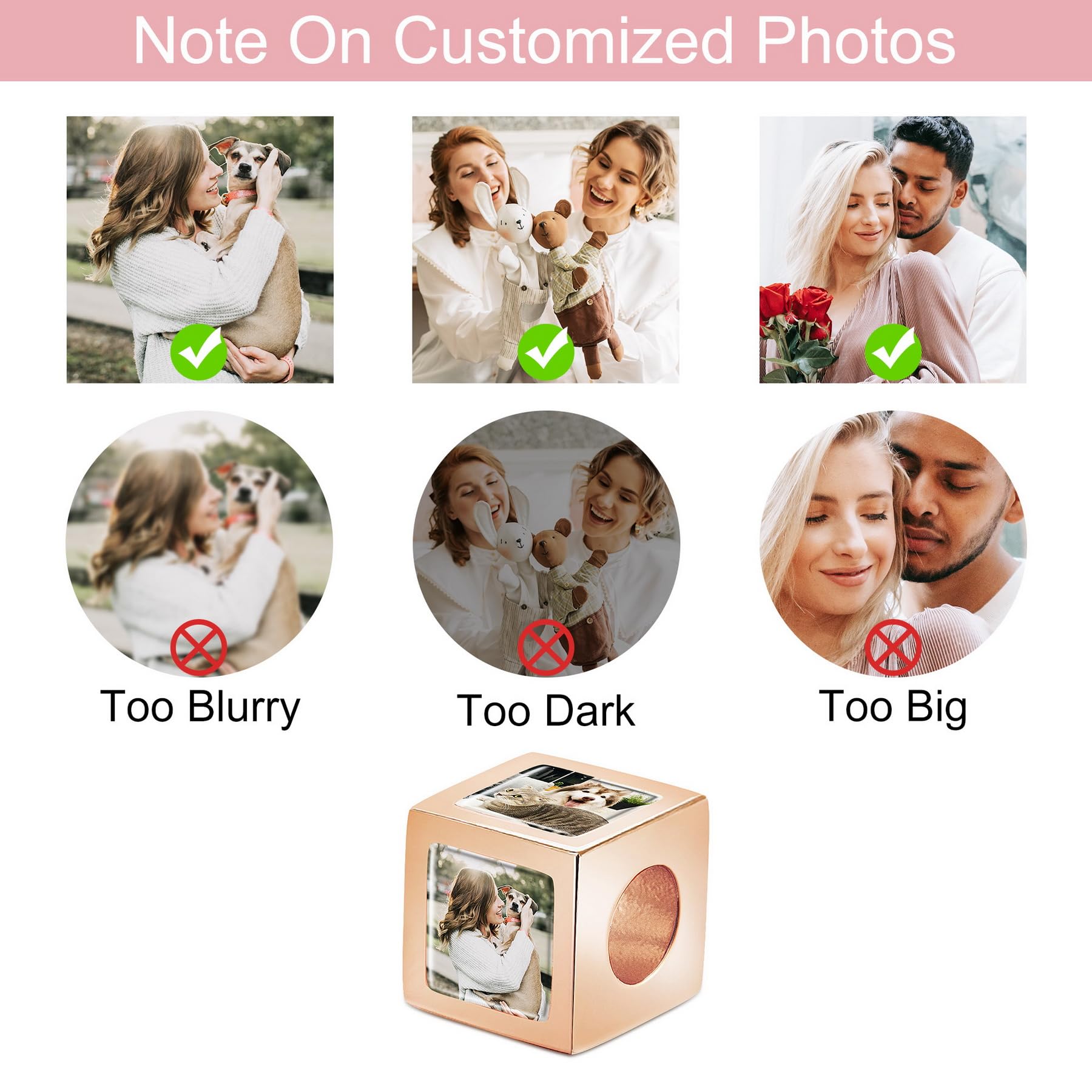 MeMeDIY Personalisierte Foto Charm Perle Passend für Armbänder/Halsketten für Damen 925 Sterling Silber Personalisierter Herz/Quadrat Charm Hält 1/4 Bild Liebesperlen Geschenke für Frauen und Familien