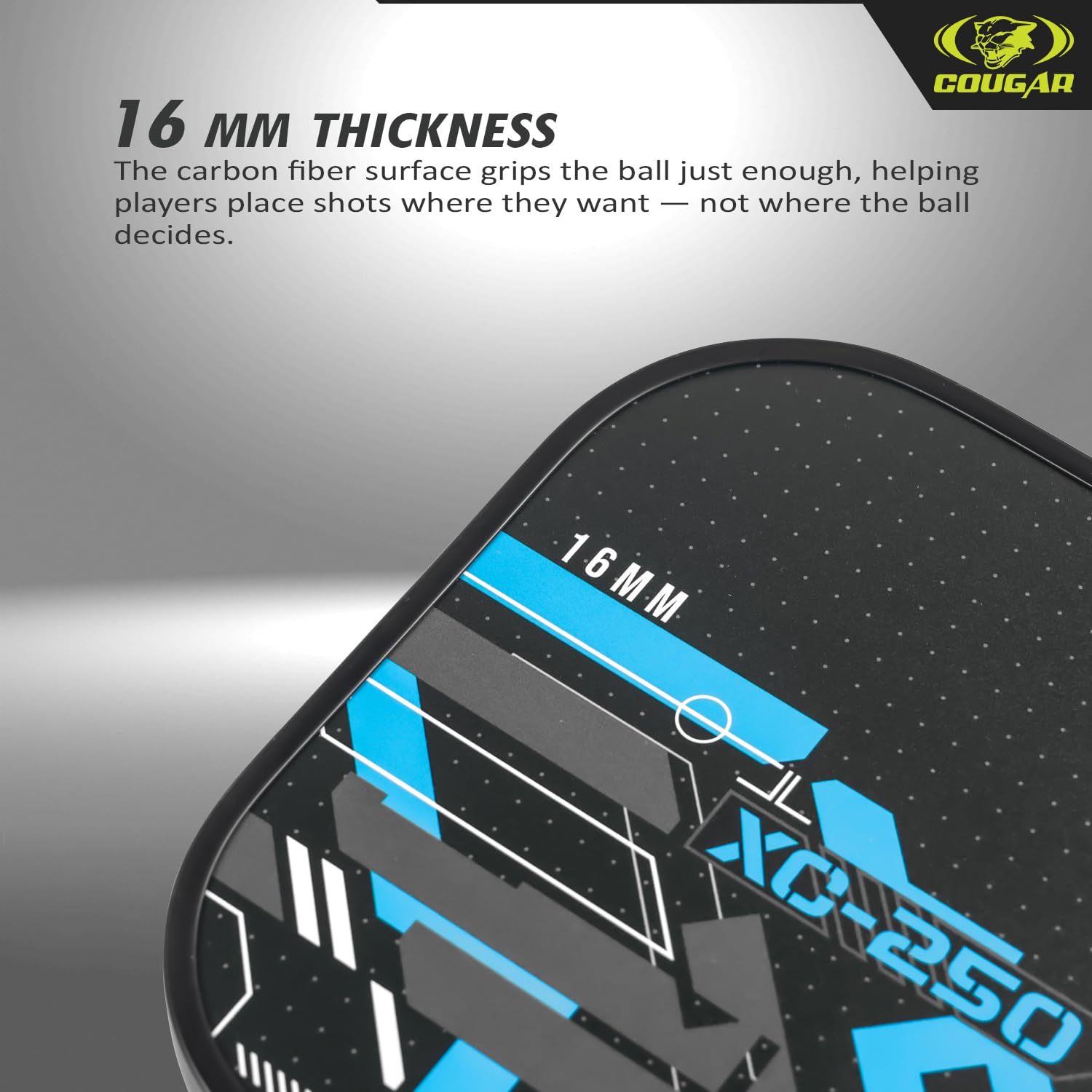 COUGAR Carbon Fibre Pickleball Paddle,(XC-250) Polypropylene Honeycomb Core, 19 mm Thickness, Premium Grip, 225g, 1 Paddle & 1 Performance Balls with Carry Bag 1