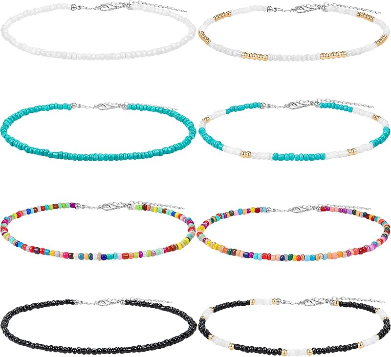 Hicarer Gargantilla de cuentas de semillas, gargantilla de cuentas pequeñas, gargantilla colorida bohemia, joyería de cadena para mujer, ajustable de 12 a 16 pulgadas (juego de colores 1,8 piezas)