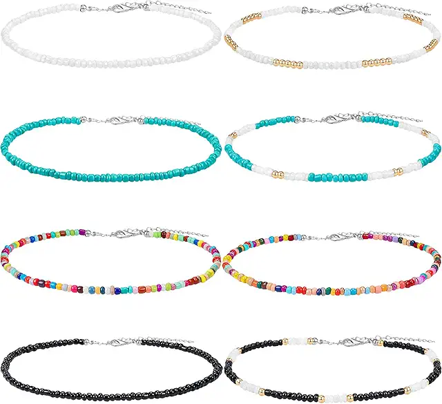 Collier Perle Ras de Cou Boho Coloré Arc-en-Ciel Réglable 12-16 Pouces - 8 Pièces