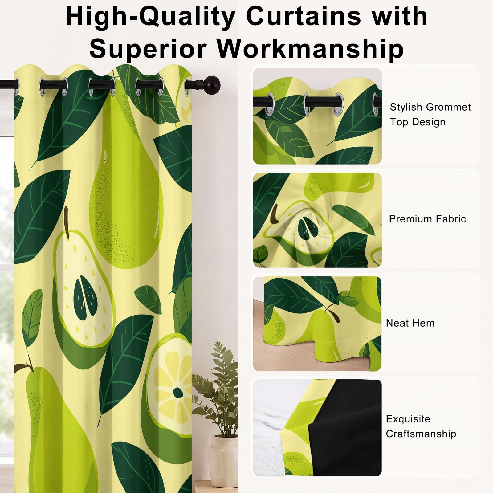 Cortinas opacas con estampado de frutas, con ojales, hojas de peras, aislamiento térmico, suaves, para dormitorio, sala de estar, decoración de ventana, 52 pulgadas de ancho x 90 pulgadas de largo (2
