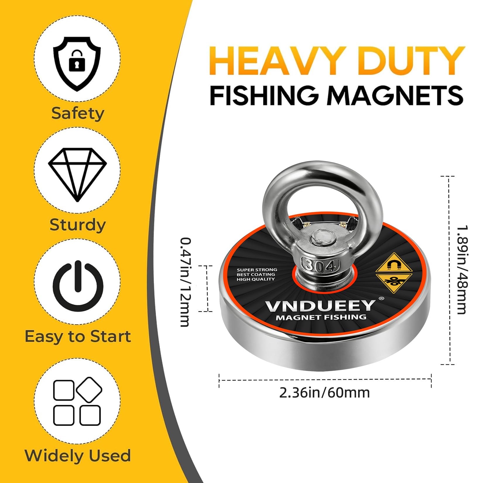VNDUEEY Neodymium Fishing Magnets, 2 Pack 150 lbs Pulling Force, Rare Earth Magnets with Countersunk Hole Eyebolt for Retrieving in River Lake, Beach, Lawn - 1.42 inch