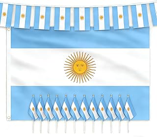 AhfuLife Argentina Flag Set, Includes 1 Pc 3x5 Ft Argentine Flag, 1 Argentina String Banner with 30 Pcs Small Flags, 12 Pcs Hand Held Stick Flags, Double Sided for Outdoor Indoor Decor Soccer Games